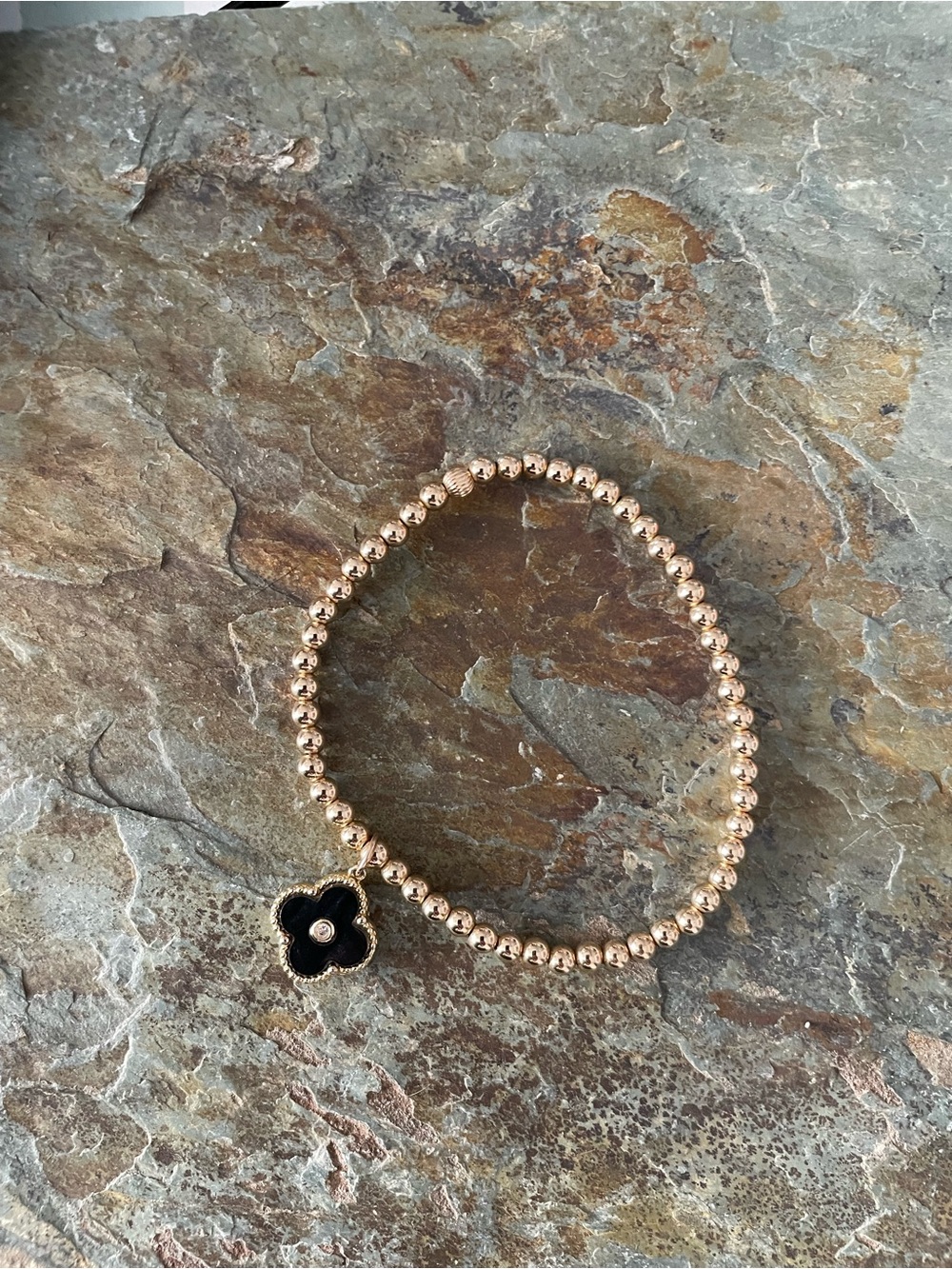Bowood Lane Arden Gold Beaded Bracelet with Black Clover Charm